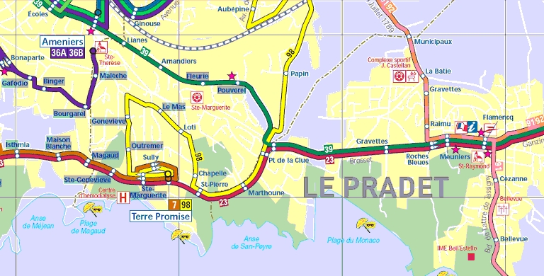 plan des lignes de bus Toulon - Le Pradet - Carqueiranne